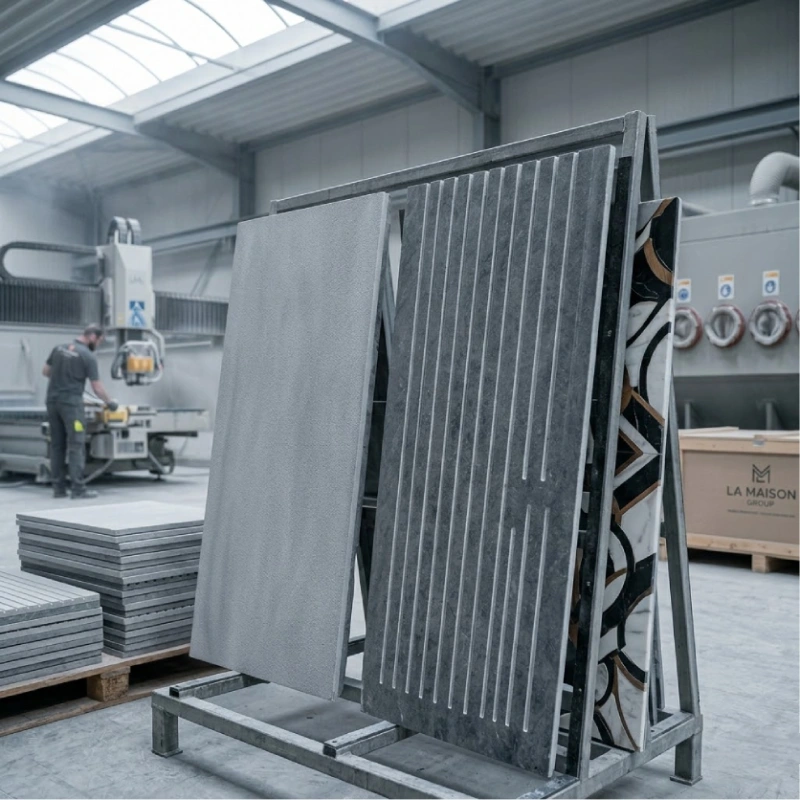 A focused image of two large marble panels at La Maison Group's factory, showcasing the fine, non-reflective sandblasted matte texture on the left, and precision CNC linear grooving (slotted flutes) for bespoke architectural feature walls on the right. Stacked precision-cut samples are in the foreground, with an active production workshop in the background, demonstrating our capacity for high-end customized stone cladding.