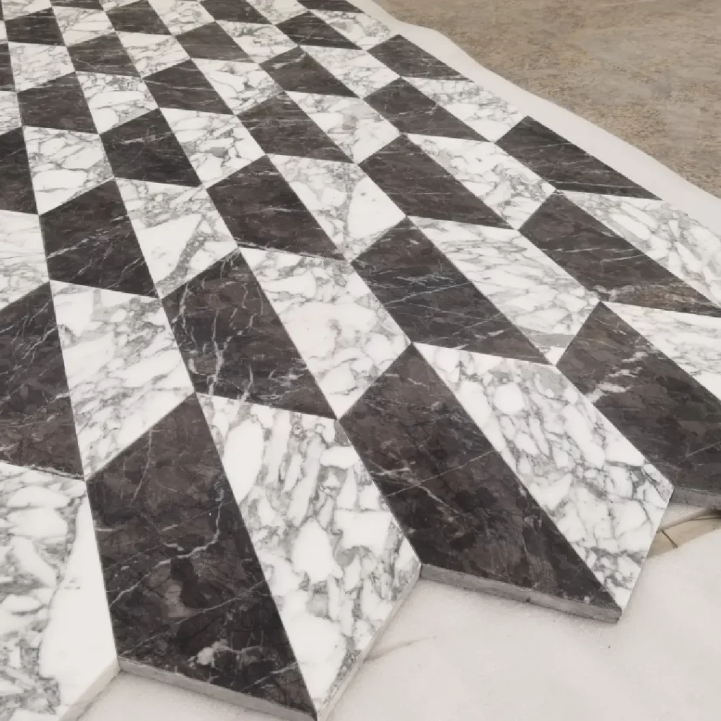 Bespoke modern geometric diamond pattern waterjet medallion using Arabescato White and Italian Grey marble for luxury interior flooring.