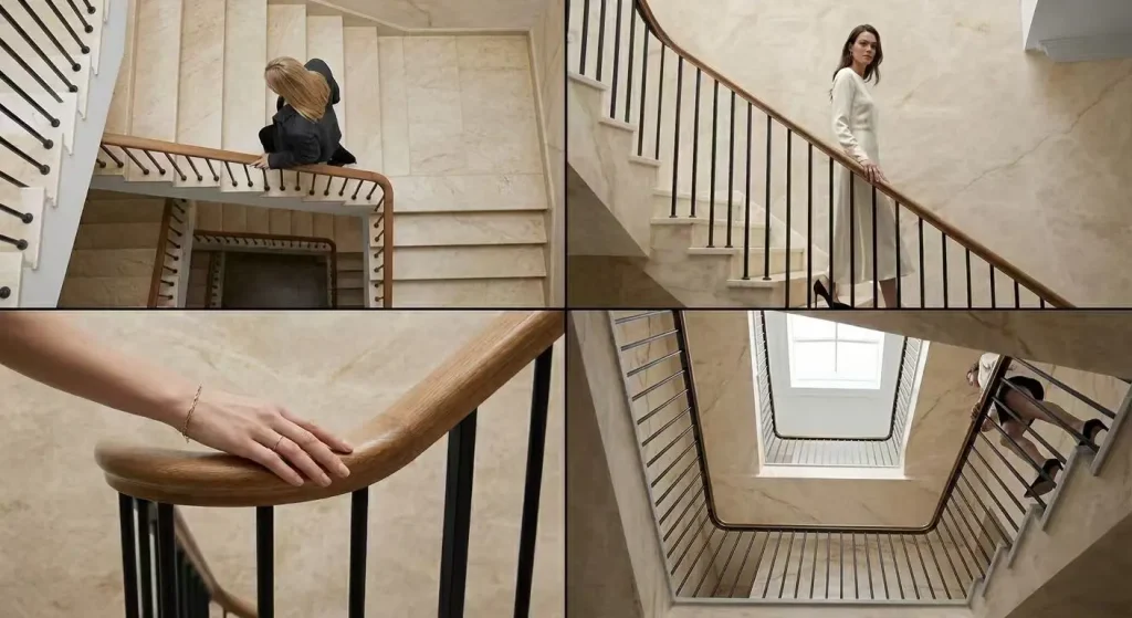 Luxury marble stairs by LA MAISON with natural stone wall cladding and refined interior staircase design