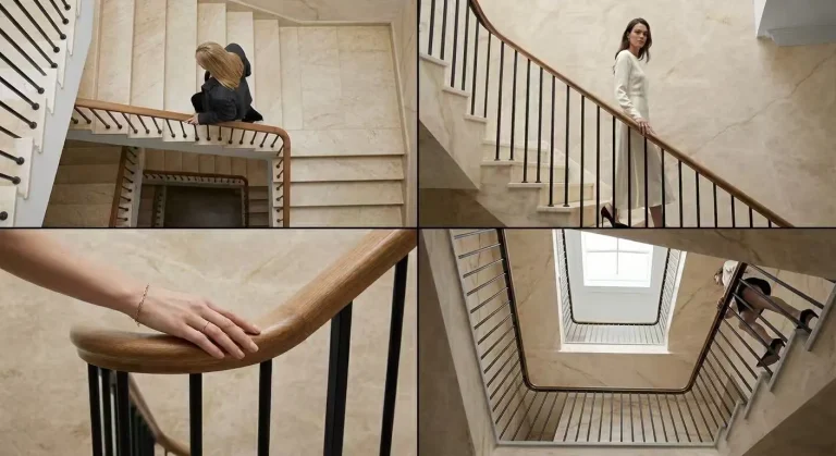 Luxury marble stairs by LA MAISON with natural stone wall cladding and refined interior staircase design